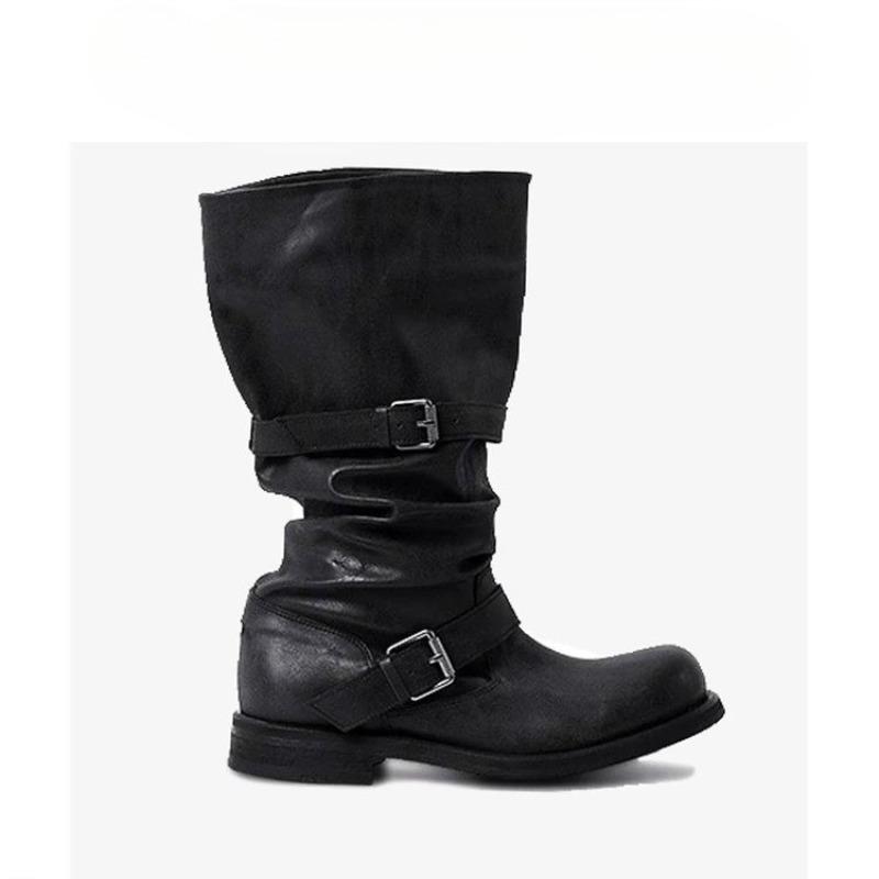 Mid-Tube Boots Fashion New Round Toe Sleeve Metal Buckle Pleated Anti-Slip Wear-Resistant Single Boots