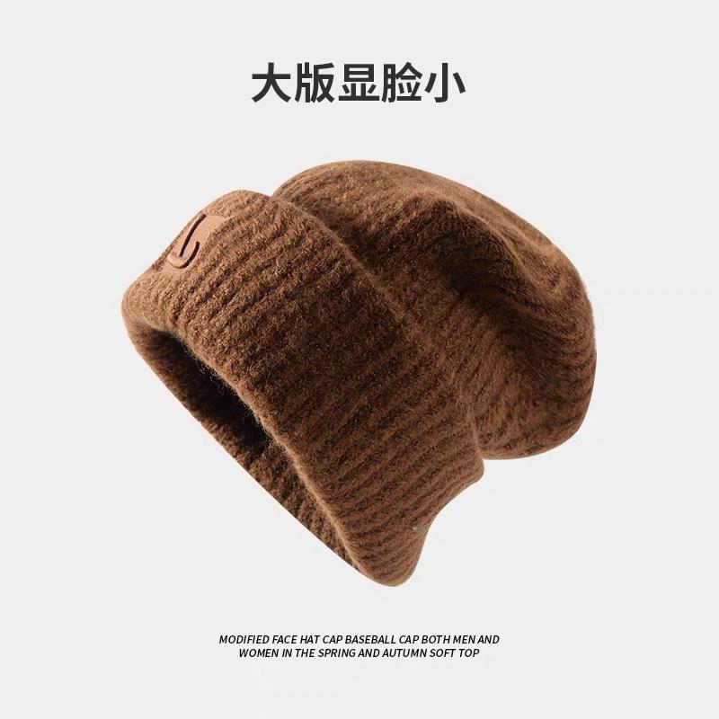 Big head circumference thick wool hat women's autumn and winter loose warm pile cold hat big face small knitted ear hat