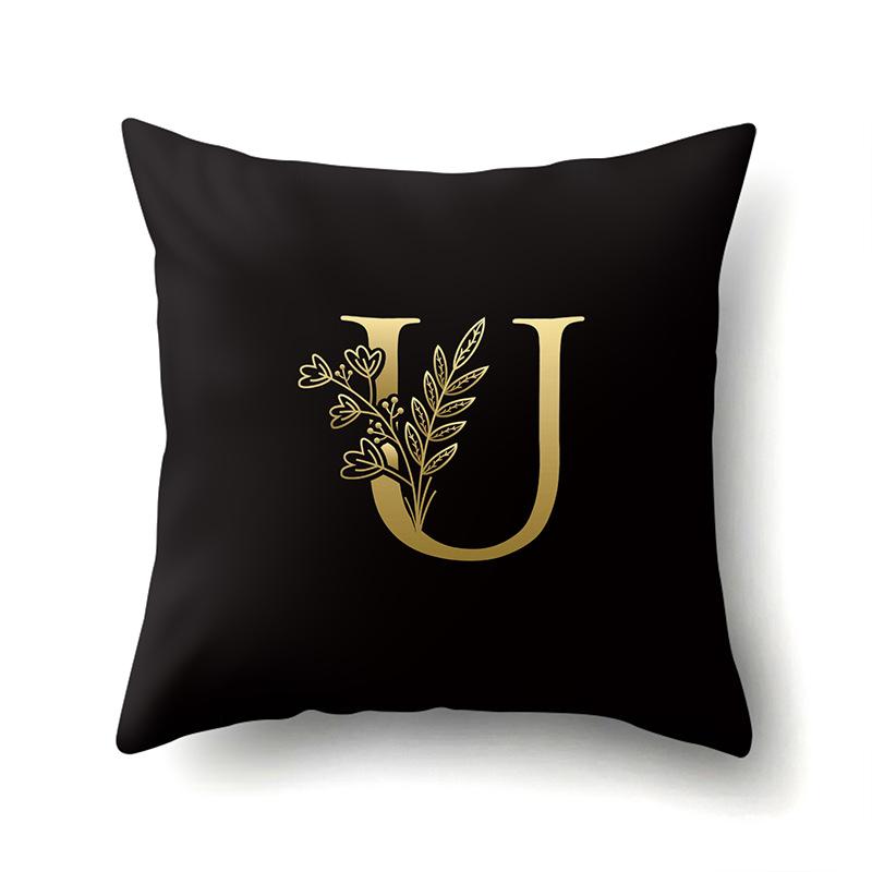 Polyester Pillowcase Car Decoration Black Gold Flower Pillowcase 26 English Letters Home Cushion Cover