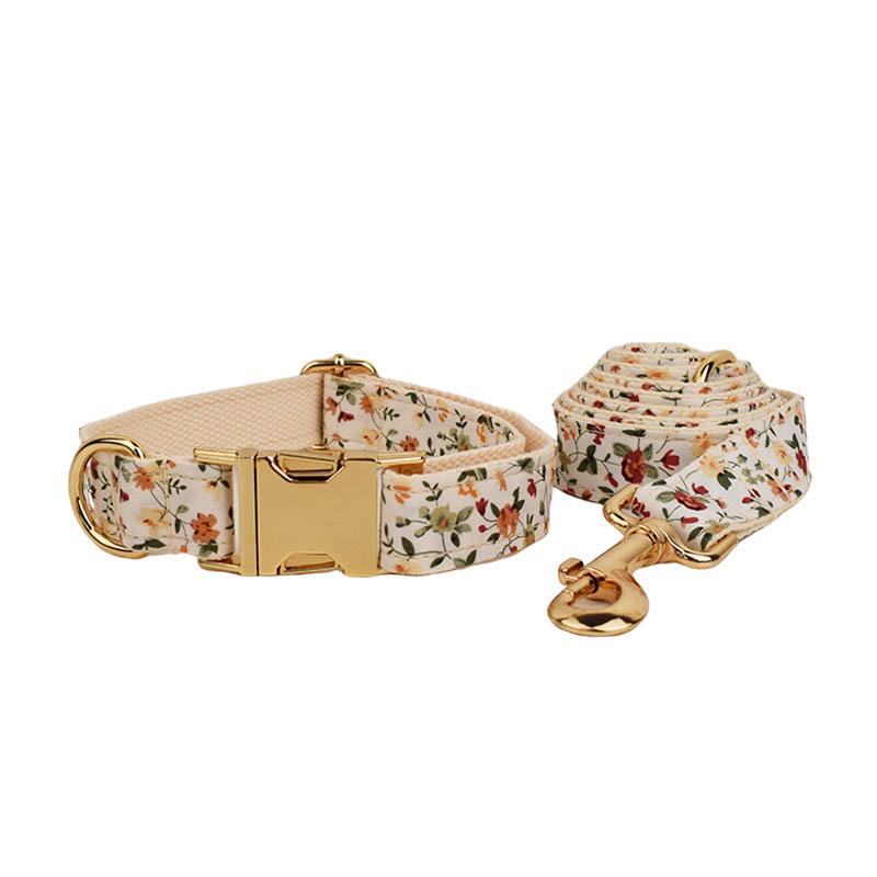 White Dog Collar with Leash and Small Flower Protector - Adjustable Dog Chain Accessory