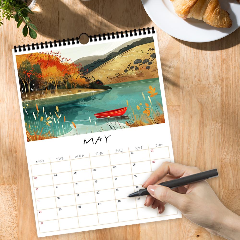 1pc, 2026 Hand-Painted Illustration Series Calendar, Natural Landscapes, 12 Unique Designs, Wall Calendar, Birthday, Christmas