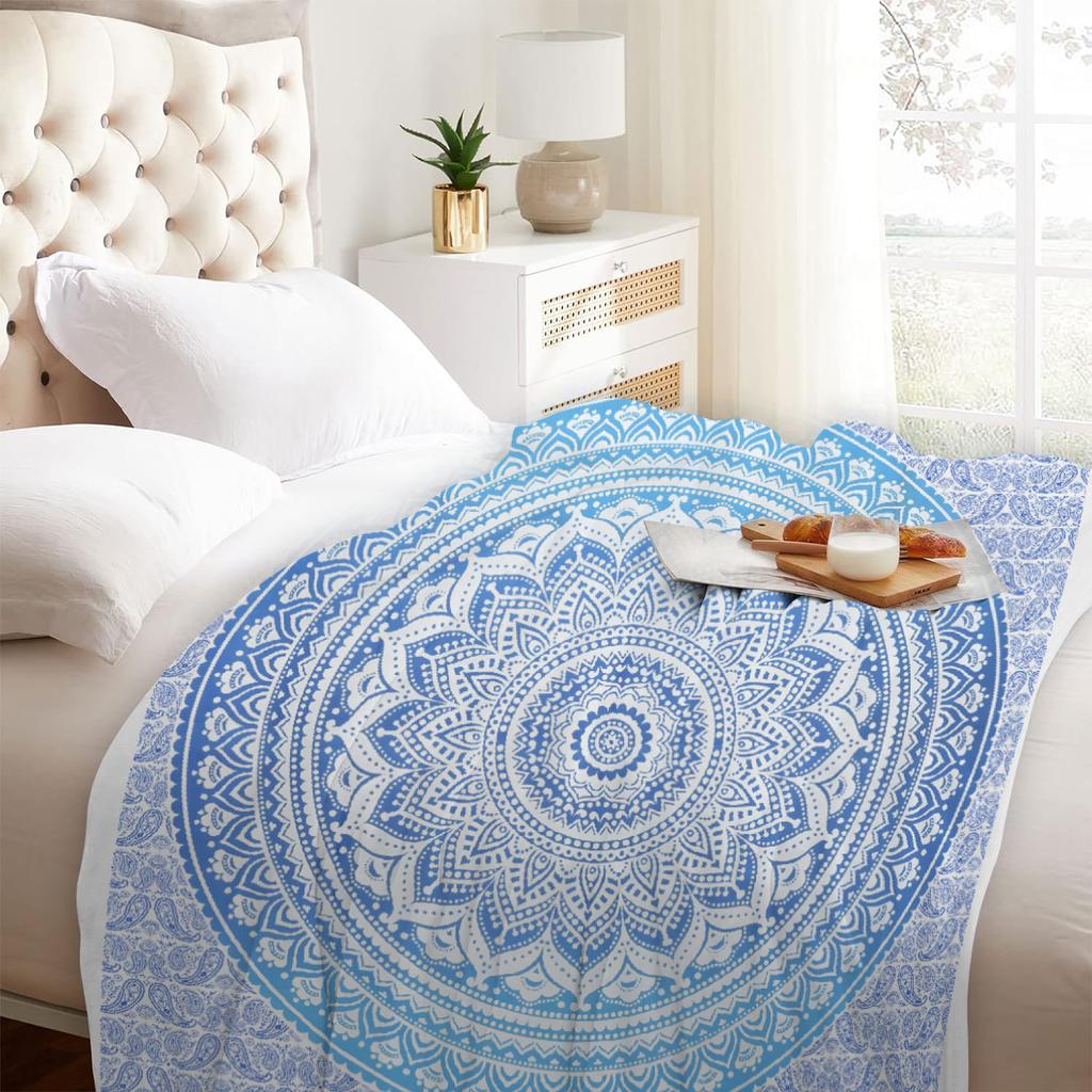 Blue Blanket Bohemian Style Ring 3D Print Comfortable Flannel Blanket for Home Living Room Bedroom Decor Birthday Gift for Adult