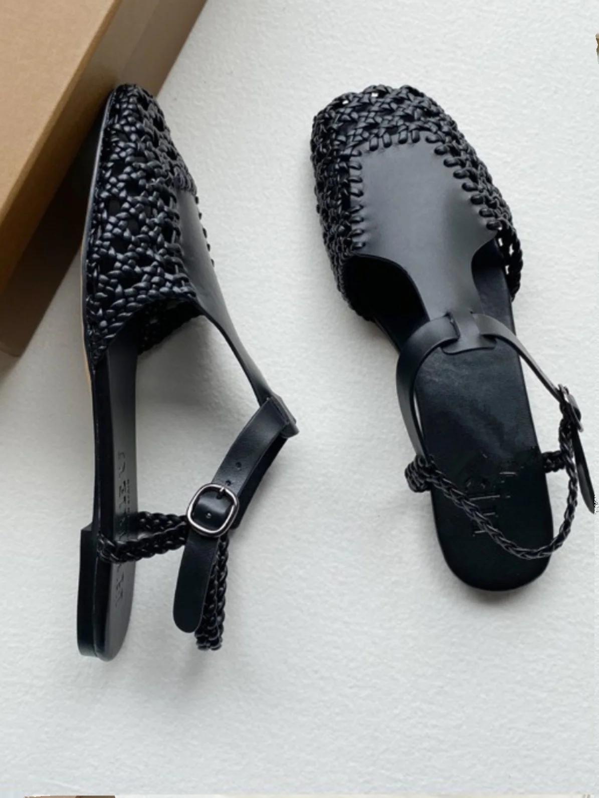 

Новые плетеные туфли-сетка на плоской подошве из натуральной кожи, ретро, с квадратным носком, Мэри Джейн, римские туфли с задним ремешком, черные, коричневые, туфли на низком каблуке 34 чёрный