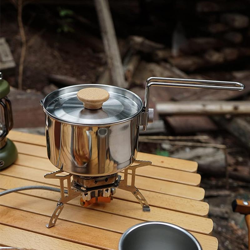 1L 304 Stainless Steel Camp Kettle Portable Outdoor Camping Pot with Removable Foldable Handle for Outdoor Cooking  Campfire