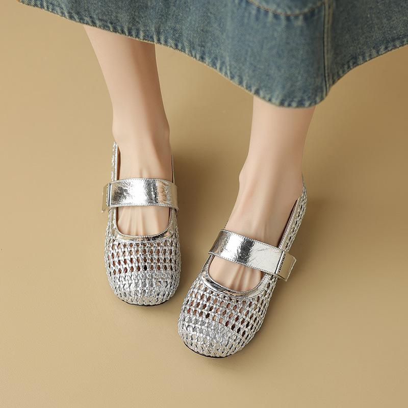 2025 Summer New Woven Cowhide Fashion Breathable Hole Shoes with Silver Inner Height Increase Sandals Women's 40