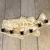 Wooden Bass Fish Shaped Fishing Rod Holder Wall Mount Rack with Multiple Slots for Organizing Fishing Rods and Gear