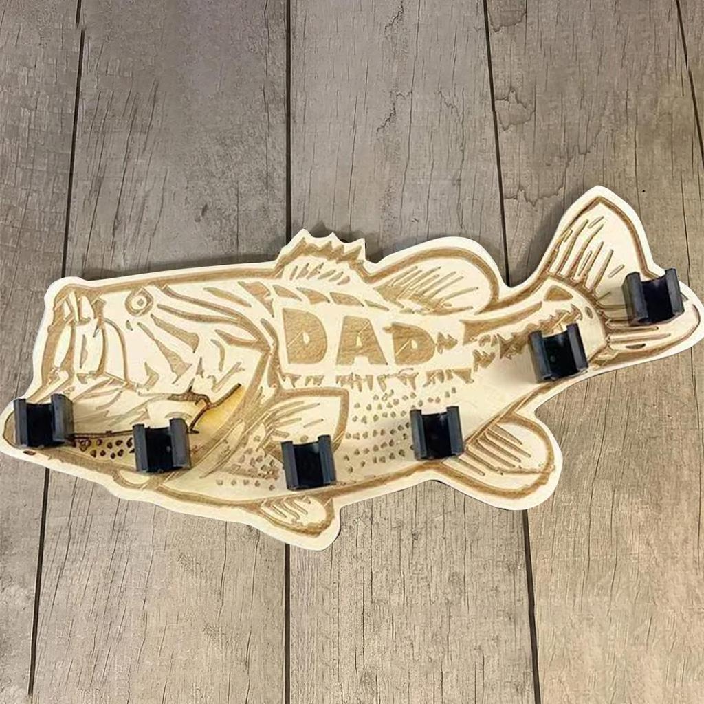Wooden Bass Fish Shaped Fishing Rod Holder Wall Mount Rack with Multiple Slots for Organizing Fishing Rods and Gear
