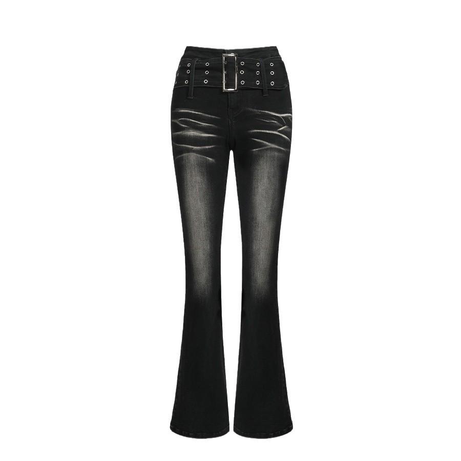 Black & Gray Women's Floor-Length High-Waisted Retro Flared Jeans - Autumn 2024 Edition