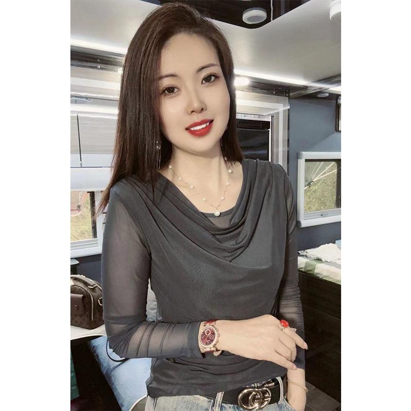 

Модная женская блузка из тонкой сетки с воротничком и длинным рукавом, облегающая футболка с длинными рукавами и осенним принтом 4XL серый