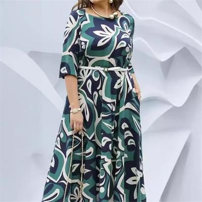 Modisches Maxikleid im europäischen und amerikanischen Stil mit Aufdruck und langen Ärmeln, Rundhalsausschnitt und Gürtel für Damen