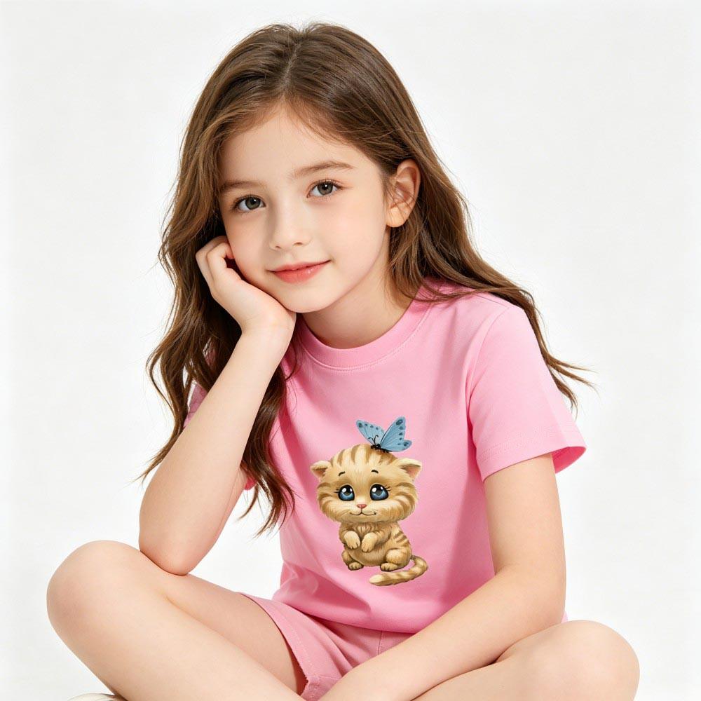 100% Cotton Girls' T-shirt Cute Cat and Penguin 2D Print Short-sleeved Casual Top for Children, Suitable for Both Boys and Girls