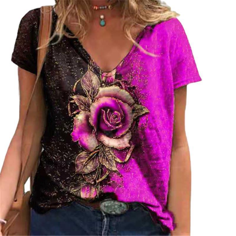 Summer Refreshing and Comfortable V-neck 3D Rose Print Casual Short Sleeved Loose Women's T-shirts