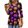 Women's Casual V-Neck Three-Quarter Sleeve Blouse with Halloween Print for Fall Parties