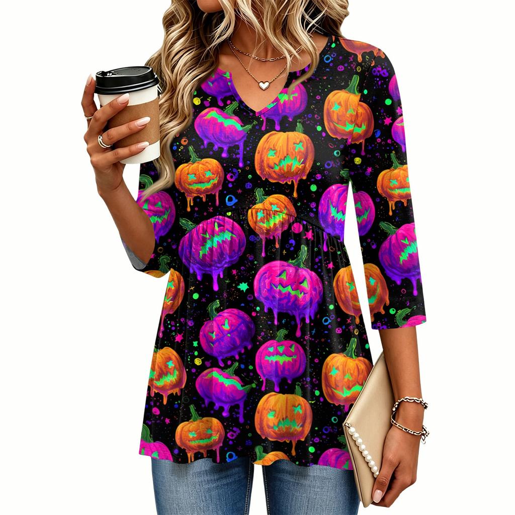 Women's Casual V-Neck Three-Quarter Sleeve Blouse with Halloween Print for Fall Parties