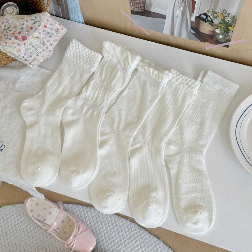 Summer Lightweight Sock Children's Mid-length Pile Socks with Geometric Diamond Pattern Lace Pure Cotton Socks, White Socks