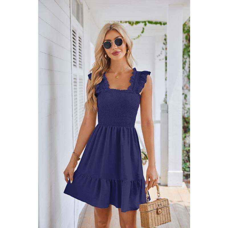 Sommerkleid für Damen, ärmellos, quadratischer Ausschnitt, plissiert, rückenfrei, kurze Minikleider XL
