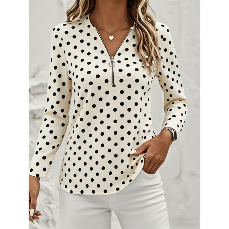 Plus Size, Women's Fashion Elegant Polka Dot Zipper V-Neck Top