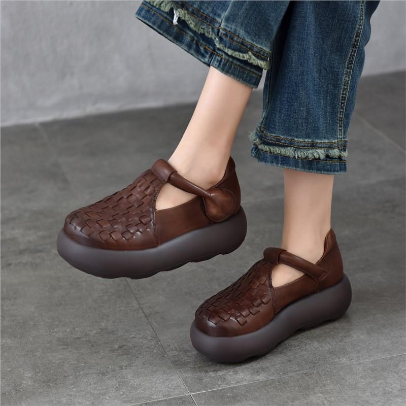 Johnature Hand Woven Genuine Leather Women's Shoes Comfortable Versatile Thick Soled Sandals