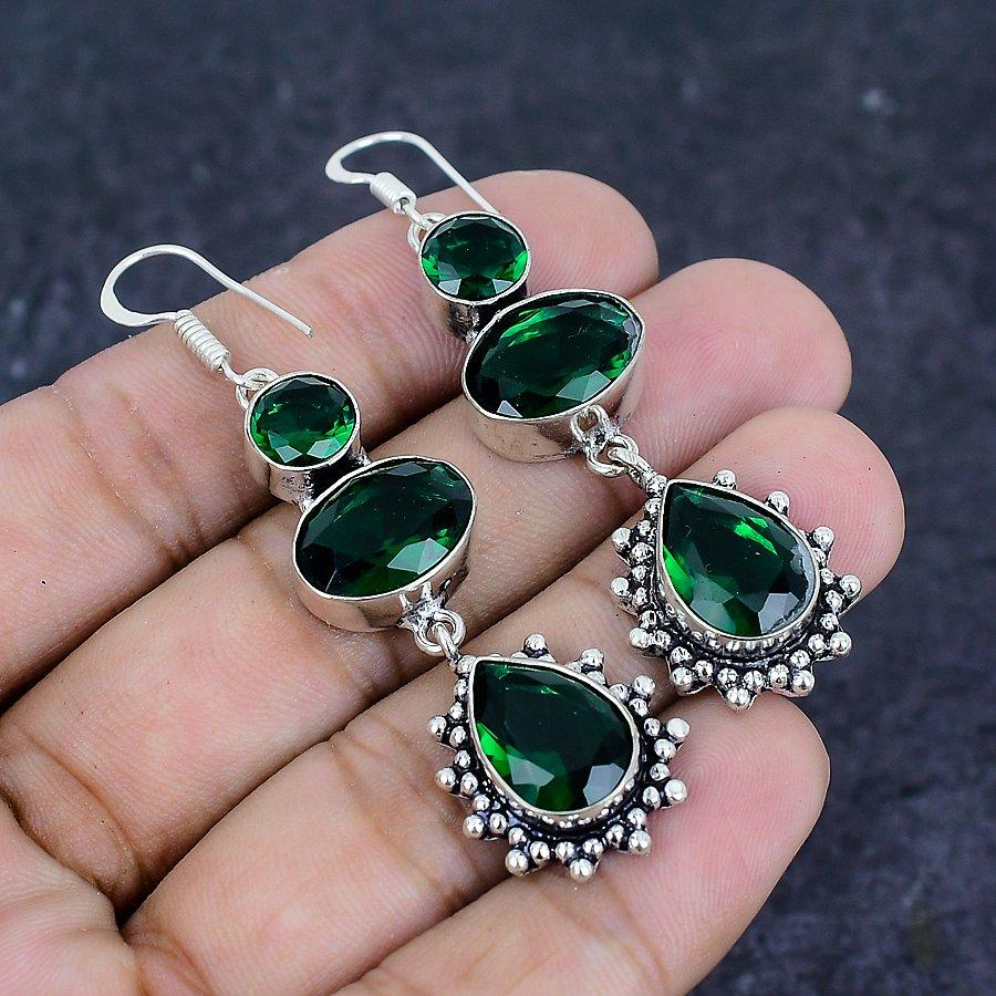 Natural Chrome Diopside Gemstone Handmade 925 Sterling Silver Earring 2.56" Y7Y61