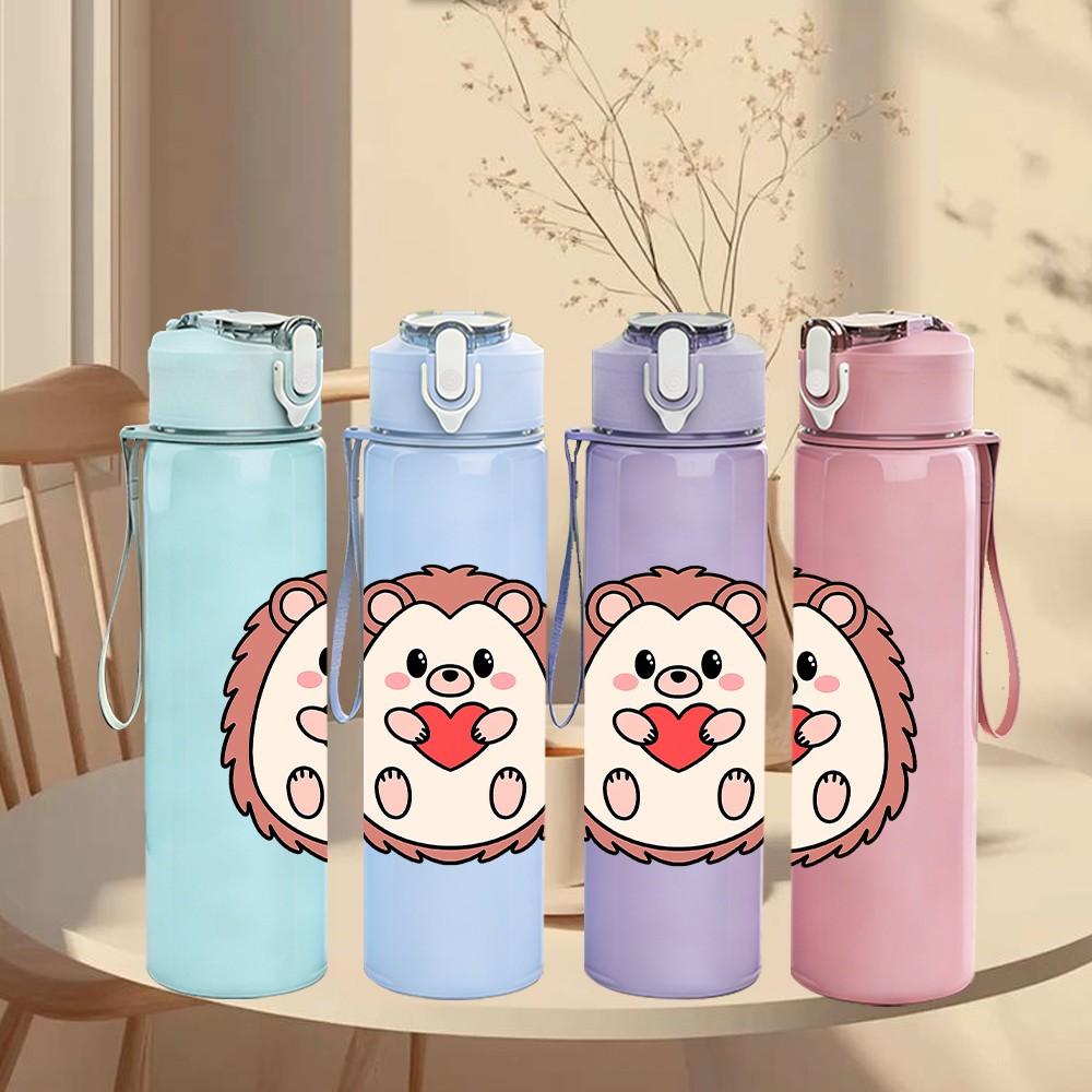 1PC Heart Cartoon Pattern 750ml Color Plastic Sports Water Bottle Leakproof Flip Straw Lid Suitable for Sports Office Home Use