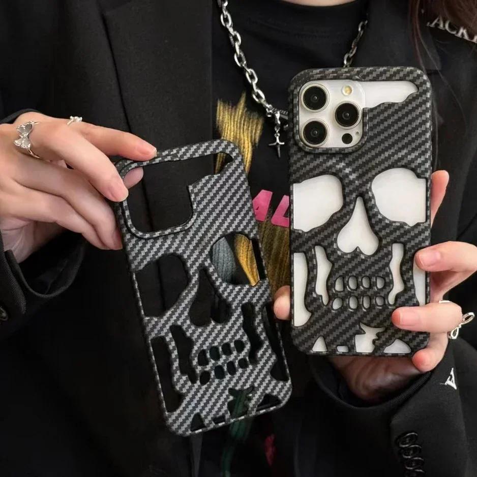 3D Matte Metallic Color Hollow Out Skull Phone Case for iPhone 16 15 13 12 11 14 ProMax 16 15 Plus Fashion Shockproof Soft Cover