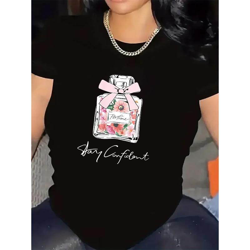 

Short Sleeve T-Shirt for Women, cotton Fabric, Lightweight and Durable, Featuring Floral Perfume Bottle Design, 4XL