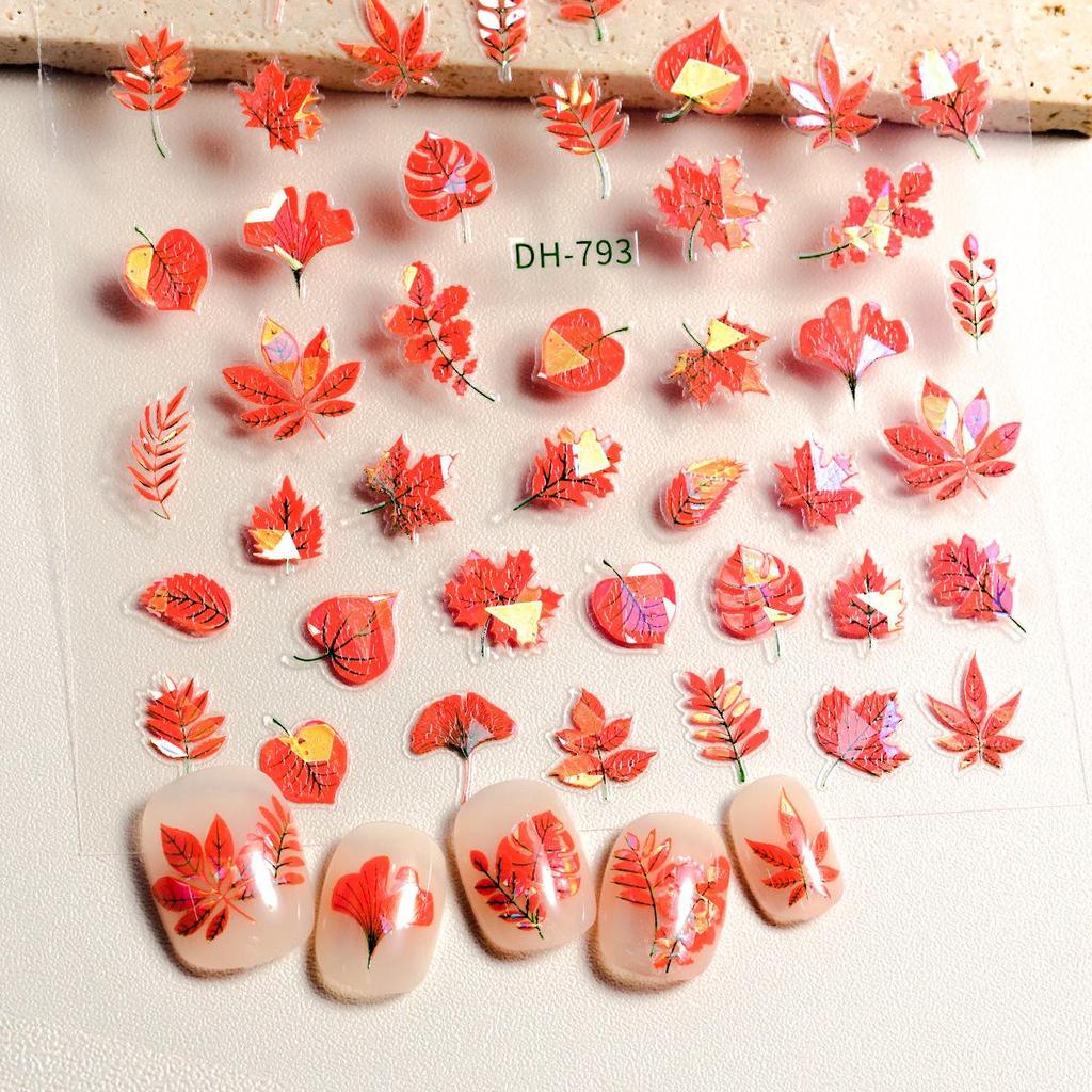 Caramel Red Maple Leaf Adhesive Nail Stickers - Autumn/Winter Fire Red Decor