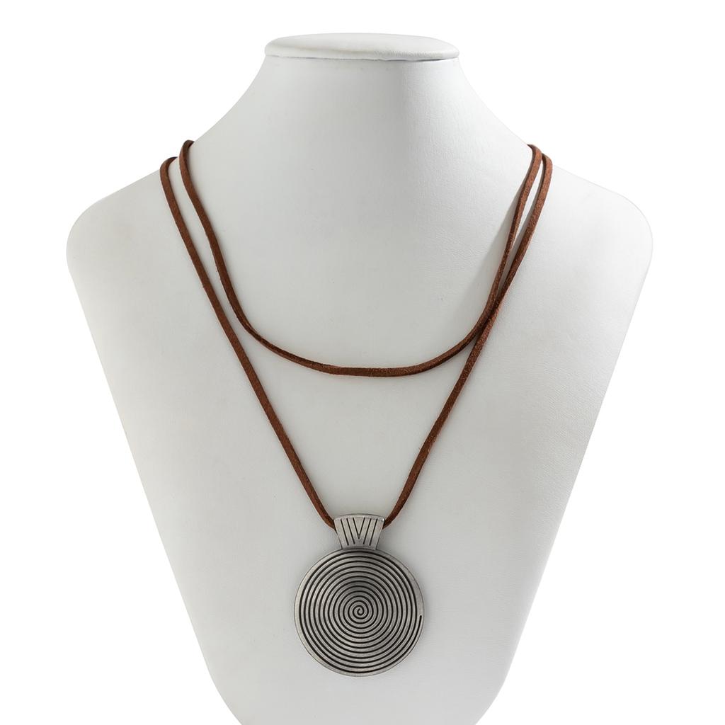 PuRui Punk Big Round Disc Pendant Necklace for Women Long Brown Rope Chain Charm Choker Vintage Zircon Collar Party Club Gift