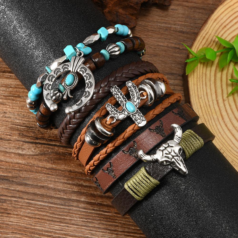 Sada náramkov Boho pre mužov Kožený pletený wrap náramok s drevenými korálkami Lebka býka & Amulet so zlým okom Etnický štýl Vikingov Šperky