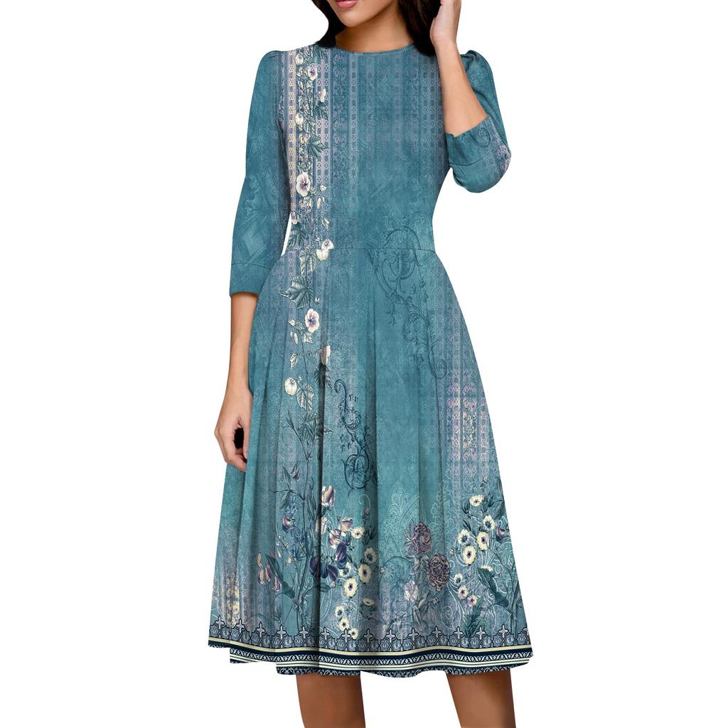 Women's Casual And Fashionable 3/4 Sleeve Pocket With Back Zipper Dress