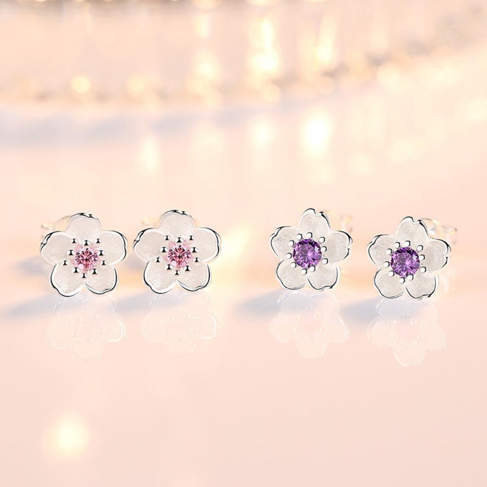 Exquisite Romantic Pink Purple Zircon Five-petaled Flower Piercing Stud Earrings for Women Fashion Cute Daily Jewelry Accessory