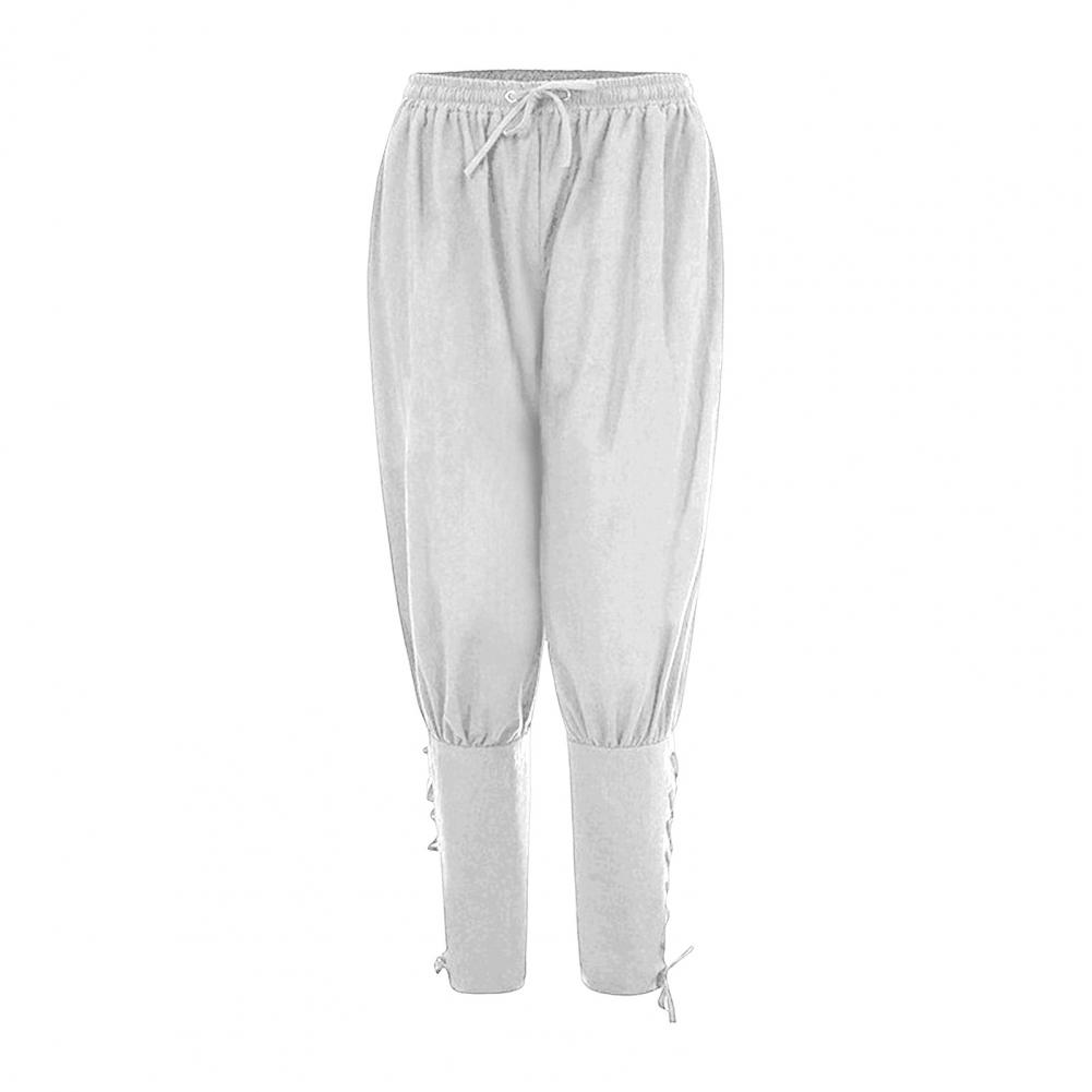 Men Pants Medieval Vikings Pirate Ankle-banded Lace-up Strap Elastic Waist Pleated Loose Solid Color Cropped Trousers Cosplay