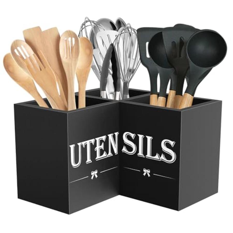 

Extra Large Kitchen Utensil Holder with 3 Compartments Corner Caddy for Countertop Wooden Organizer in Black Farmhouse Style Ki United States