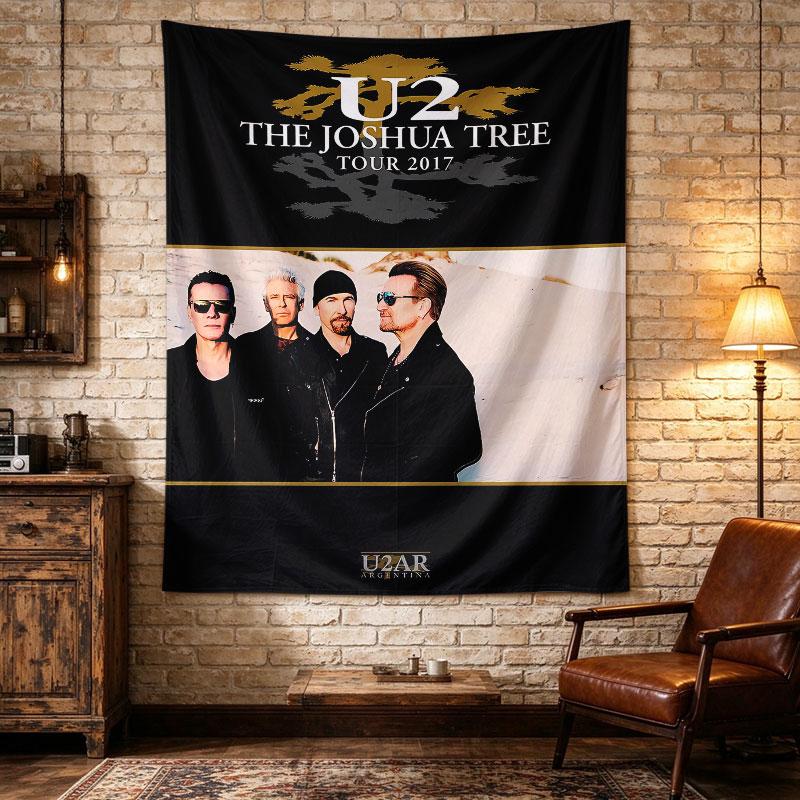 U2 Joshua Tree Tour 2017 black poster with the Joshua tree silhouette and a band photo below on white sand, vivid retro, Room Decor Accent