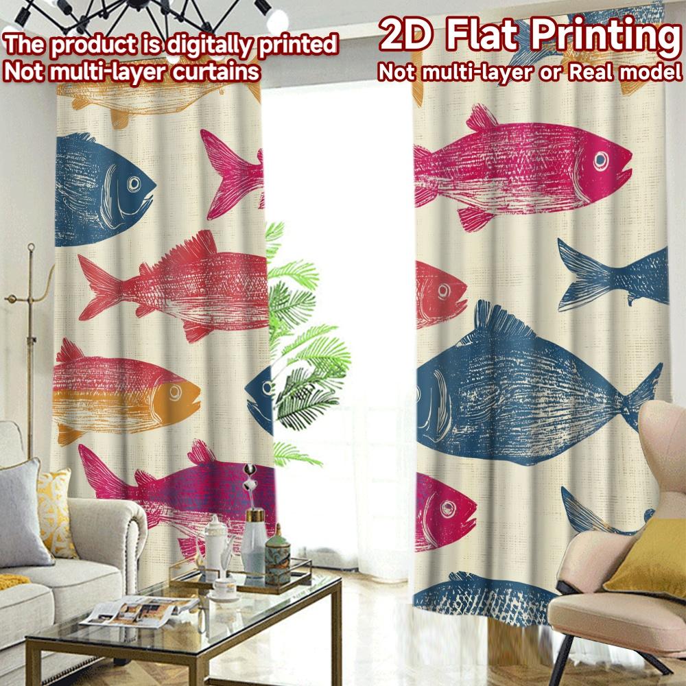 2D FLAT PRINTING 2pcs Curta (easter Decor) Colorful Fish Design Popular Pattern Curta Versatile Durable Polyester Curta