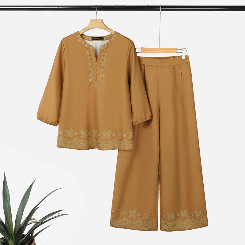 ZANZEA Women Long Sleeve Print Blouse and Pants Casual Two Piece Suit Sets