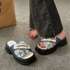 Thick Soled Slippers for Women Summer Chain Denim Chunky Heel Fashion Cross Slides Open Toe Outdoor Beach Woman Walking Slides