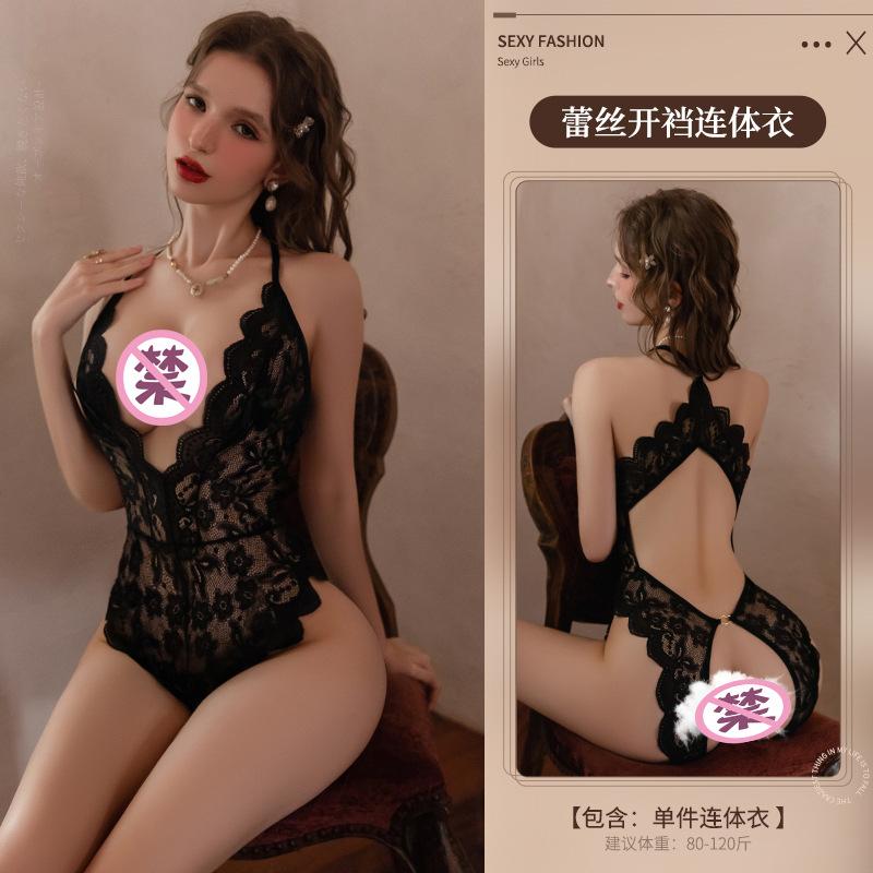 Sexy underwear women's sexy deep v lace perspective beauty back engraved neck empty crotch jumpsuit uniform 8890