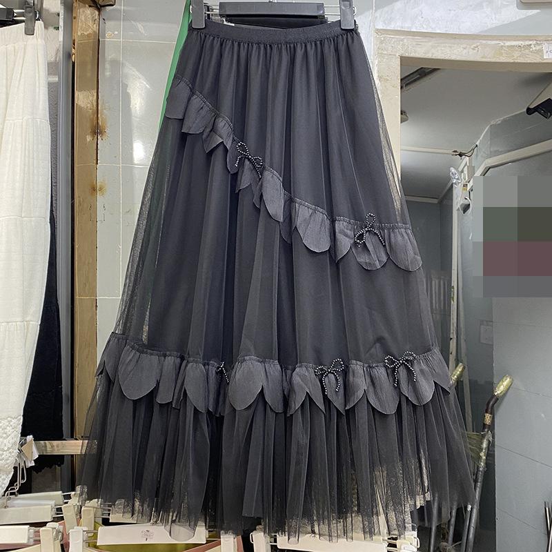 2025 Spring and Summer New Super Fairy Splicing Pleated Pendulum Tutu Skirt High Waist Design Medium and Long Skirt
