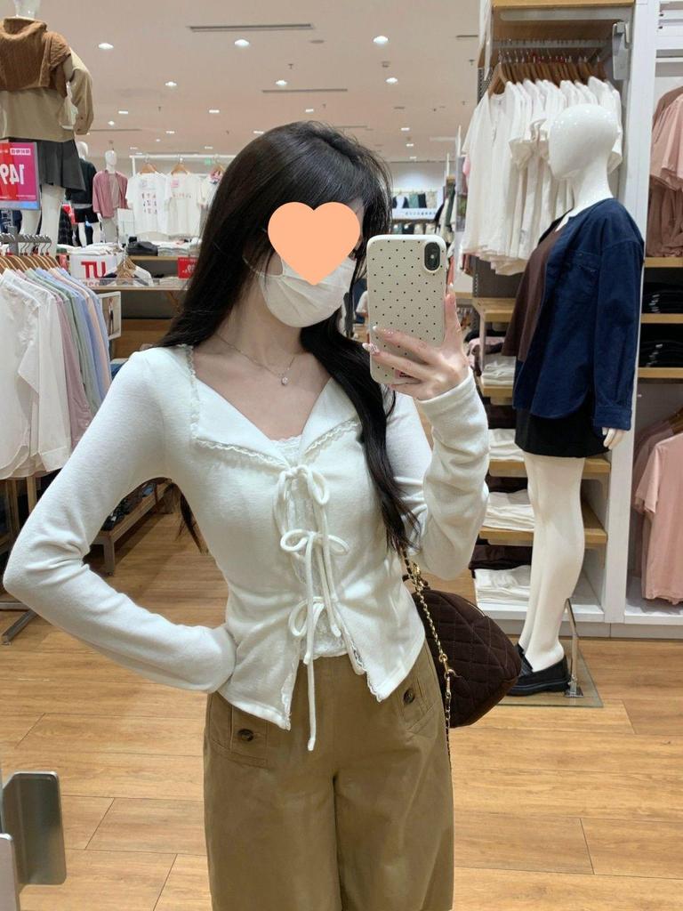 Miu Style Slim Lace-Up V-Neck Two-Piece Cinched Waist Long Sleeve Top