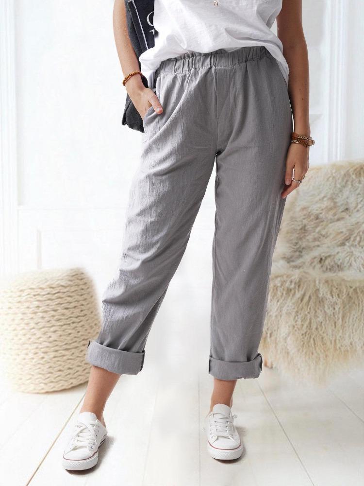 Summer Women Solid Color Casual Elastic High Waist Straight Pants