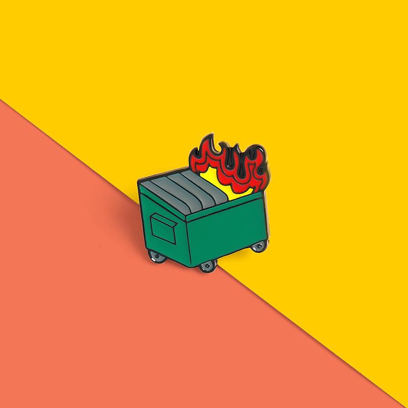 Cartoon Oil Dripping Cowboy Badge Enamel Pin - Burning Trash Can Design