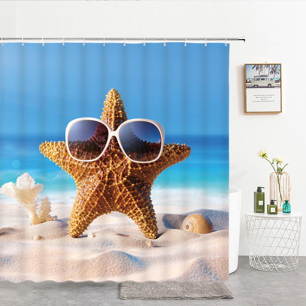 High Quality Sea Beach Shell Printed Shower Curtains starfish Bath Curtain Screen Waterproof Products Bathroom Decor with Hooks