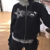 2KWEIRD Gothic Vintage Rhinestones Graphic Hoodie Solid Fur Patchwork Hooded Jackets Women's Double Zipper Coats