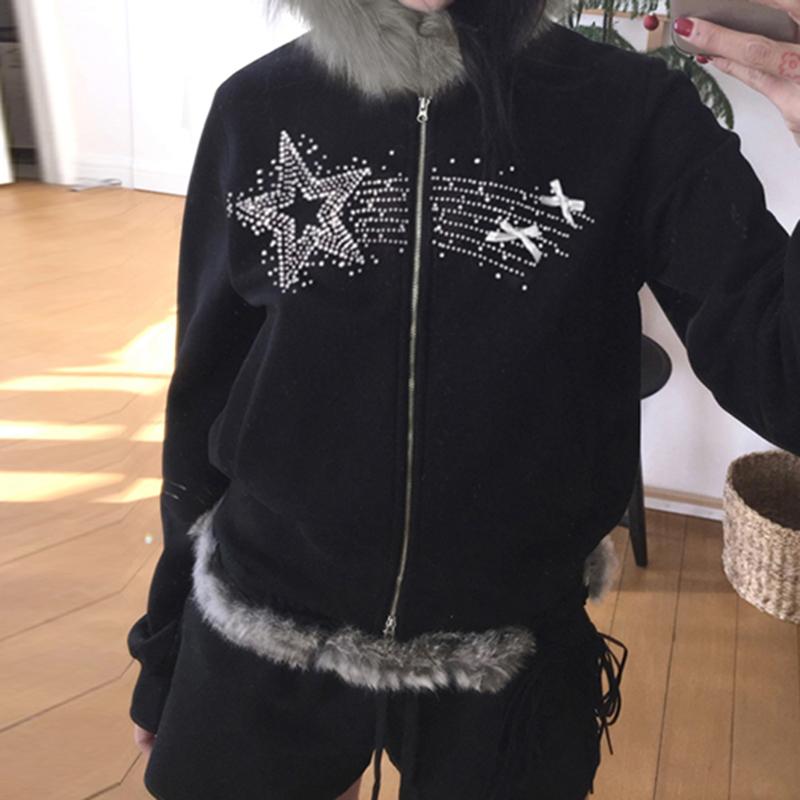 2KWEIRD Gothic Vintage Rhinestones Graphic Hoodie Solid Fur Patchwork Hooded Jackets Women's Double Zipper Coats