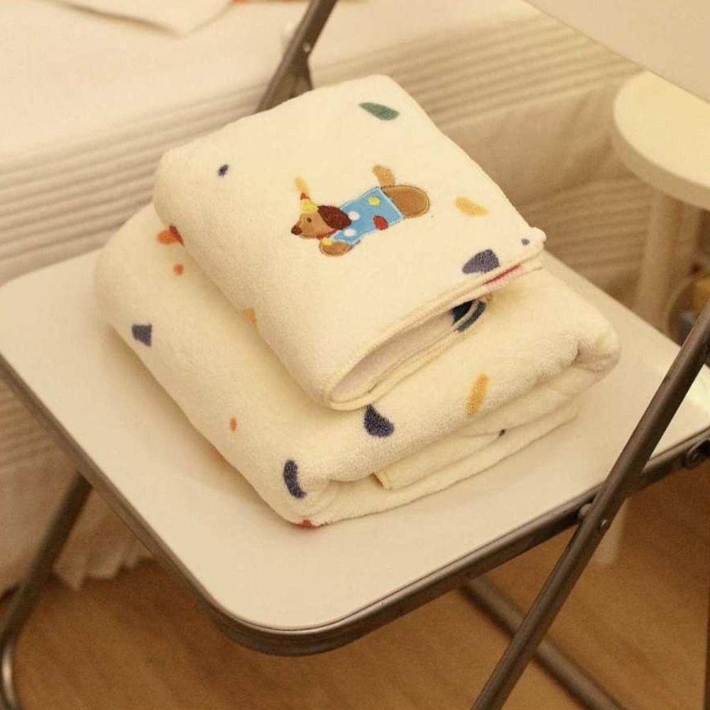 Cartoon Puppy Soft Towel Set Absorbent Pool Towel Skin Friendly Coral Fleece Bath Towel  Bathroom