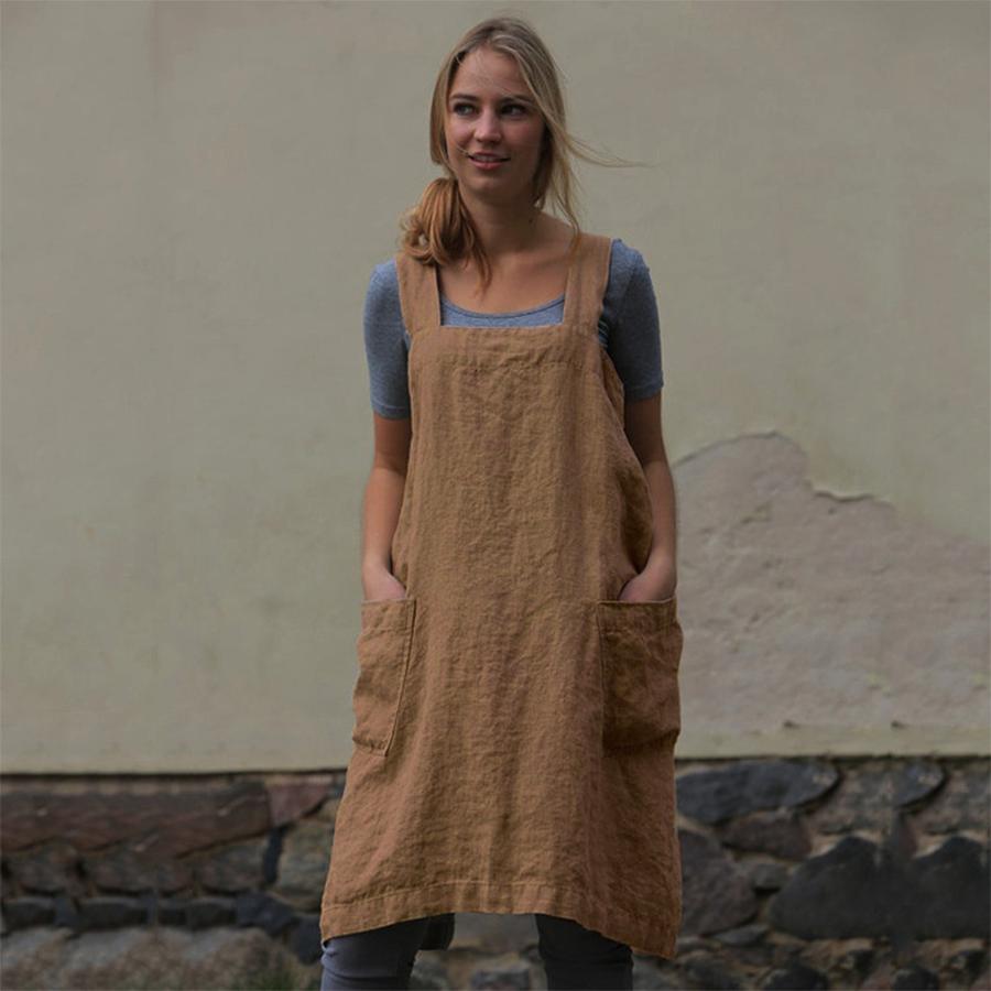 Women's Cotton Linen Apron Dress Long Loose Maxi Dress