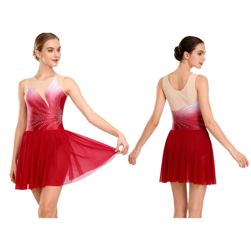 Damen Eiskunstlauf Performance Kleid: Ärmelloses Netz-Kleid mit Strasssteinen und sicheren Schrittknöpfen für Wettkämpfe