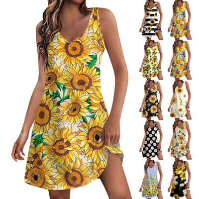 Women's Casual Sundress With Pockets Summer Boho Beach Dress Floral Blouses For Women T-Shirts Dress V Neck Loose Tank Dresses