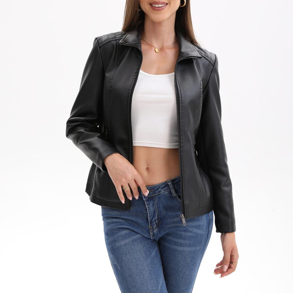 Ladies Fashion Casual Solid Color Outdoor Leather Jacket Short Coat